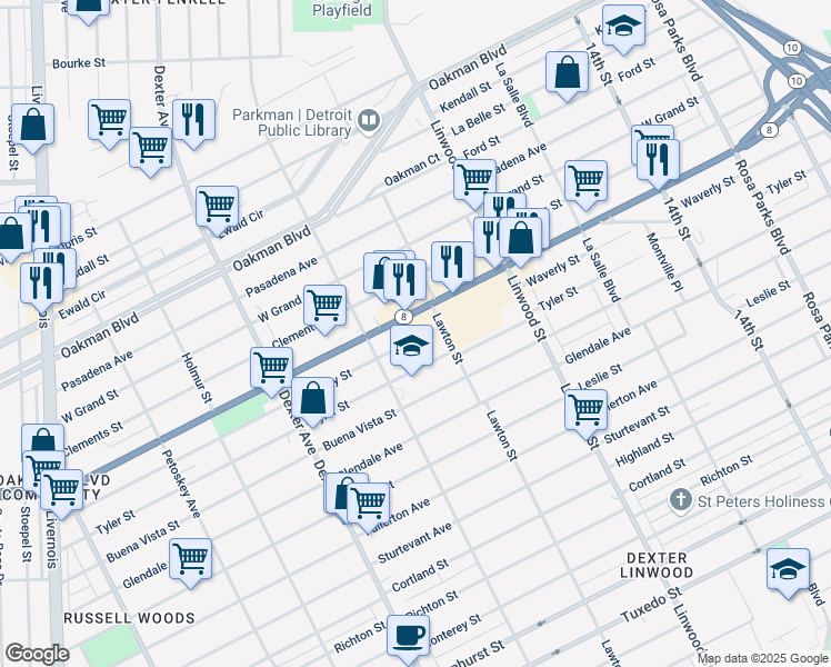 map of restaurants, bars, coffee shops, grocery stores, and more near 2901 West Davison Street in Detroit