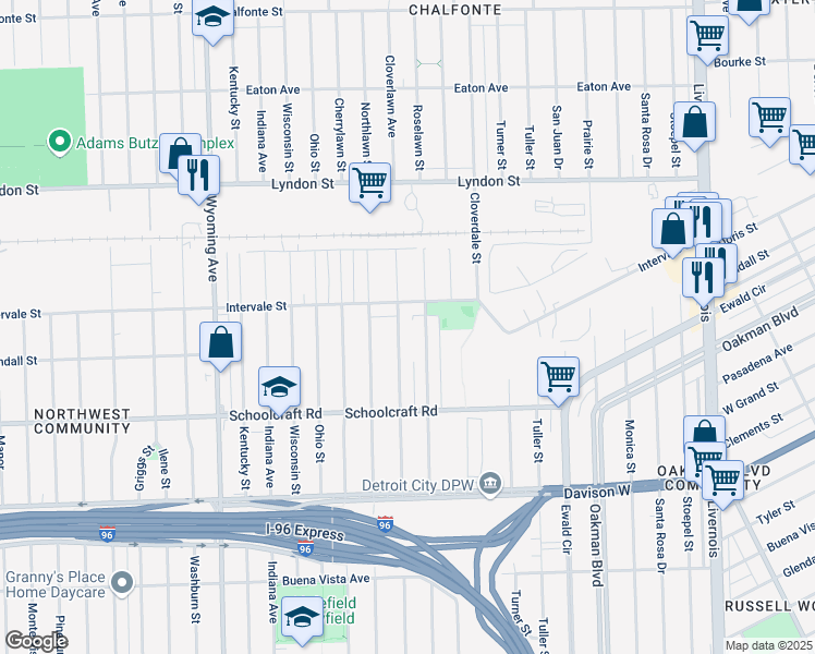 map of restaurants, bars, coffee shops, grocery stores, and more near 8203 Intervale Street in Detroit
