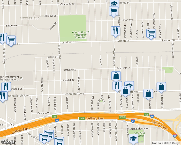 map of restaurants, bars, coffee shops, grocery stores, and more near 14182 Birwood Street in Detroit