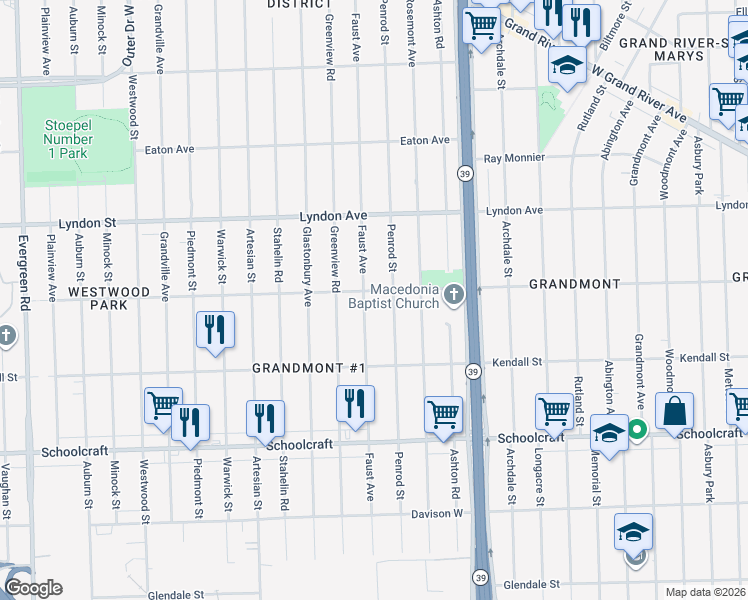 map of restaurants, bars, coffee shops, grocery stores, and more near 14301 Penrod Street in Detroit
