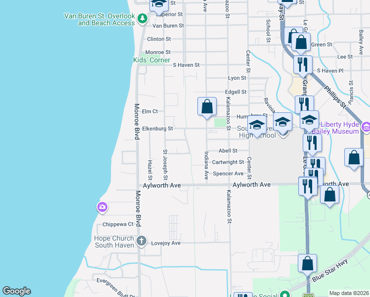 map of restaurants, bars, coffee shops, grocery stores, and more near 126 Cable Avenue in South Haven