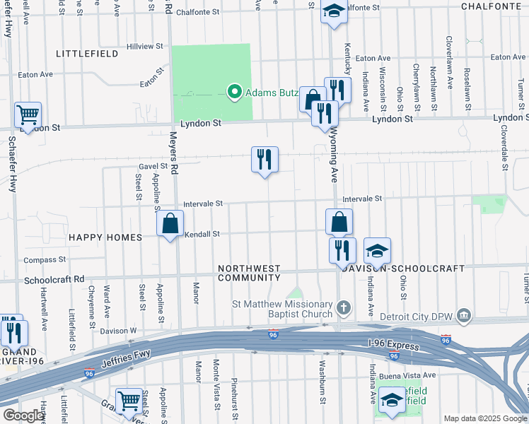 map of restaurants, bars, coffee shops, grocery stores, and more near 14182 Birwood Street in Detroit