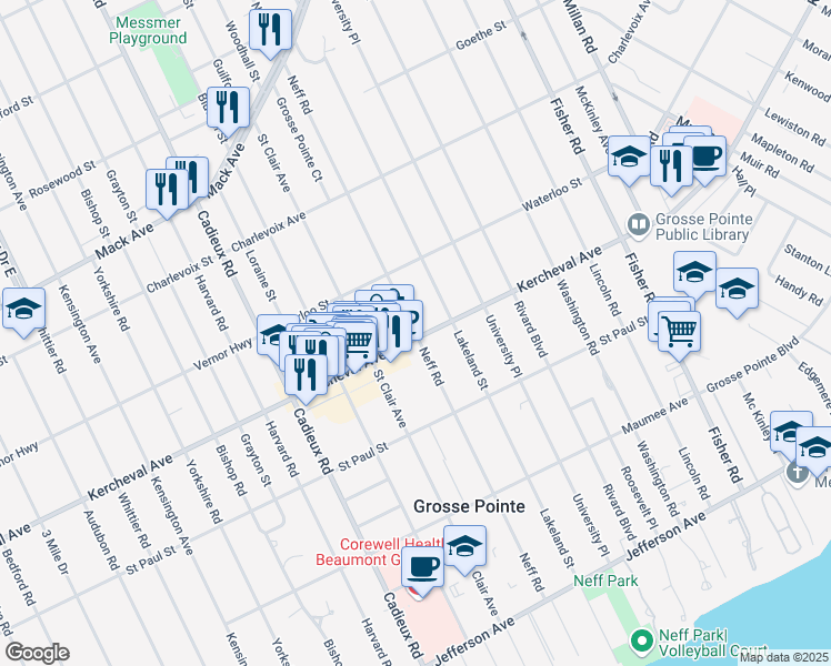 map of restaurants, bars, coffee shops, grocery stores, and more near Neff Road in Grosse Pointe