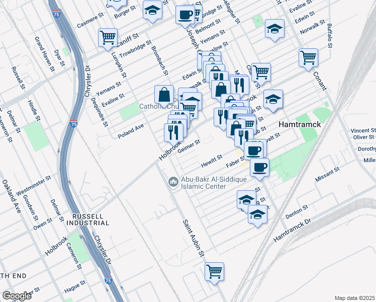 map of restaurants, bars, coffee shops, grocery stores, and more near 2284 Geimer Street in Hamtramck