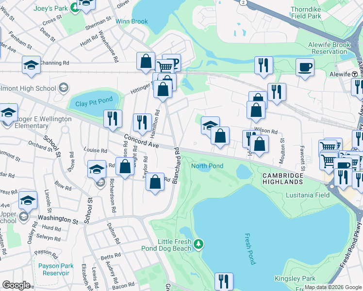 map of restaurants, bars, coffee shops, grocery stores, and more near 4 Griswold Street in Cambridge