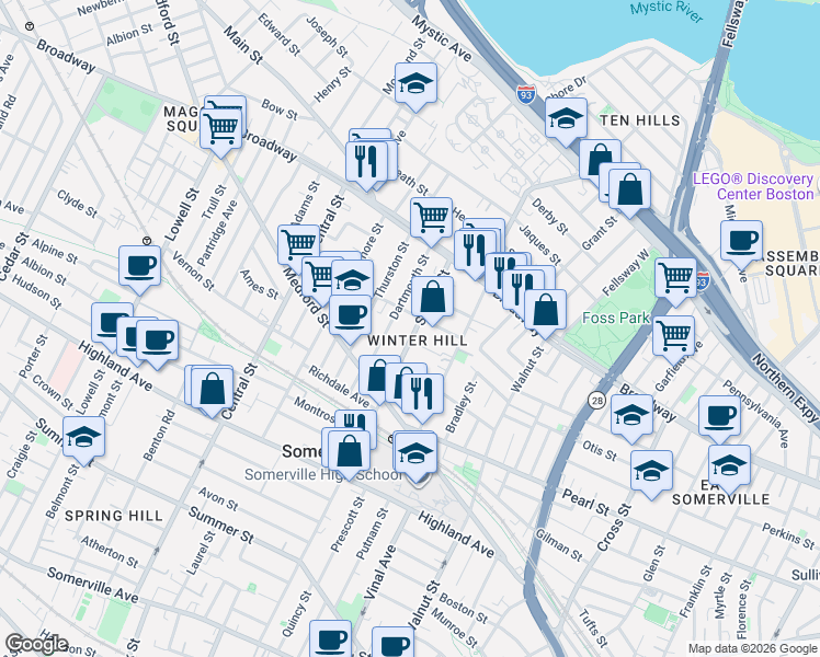 map of restaurants, bars, coffee shops, grocery stores, and more near in Somerville