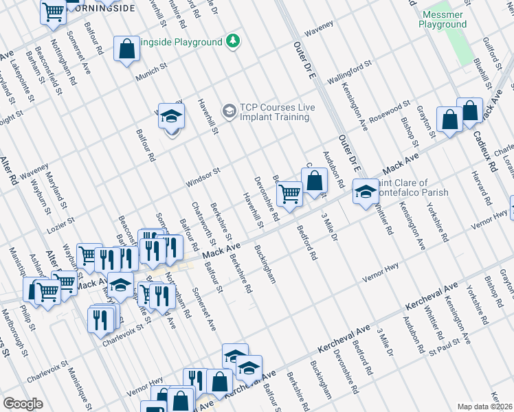 map of restaurants, bars, coffee shops, grocery stores, and more near 3603 Haverhill Street in Detroit