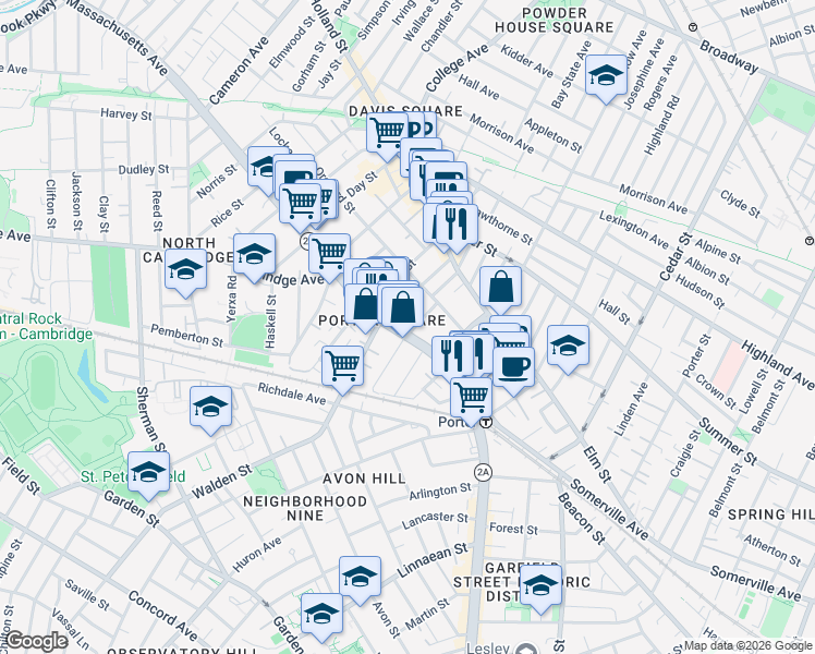 map of restaurants, bars, coffee shops, grocery stores, and more near 2055 Massachusetts Avenue in Cambridge