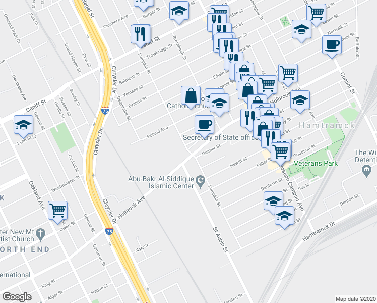 map of restaurants, bars, coffee shops, grocery stores, and more near 9246 Lumpkin Street in Hamtramck
