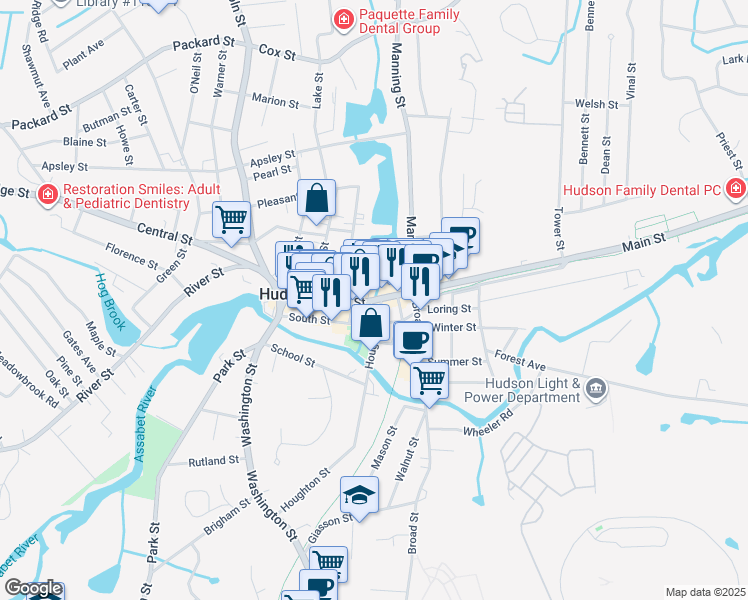 map of restaurants, bars, coffee shops, grocery stores, and more near 122 Main Street in Hudson