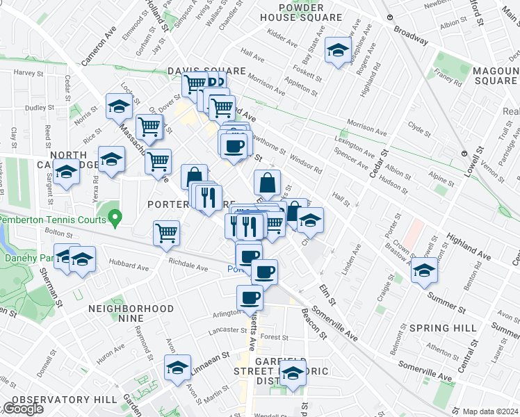map of restaurants, bars, coffee shops, grocery stores, and more near 22 Beech Street in Cambridge