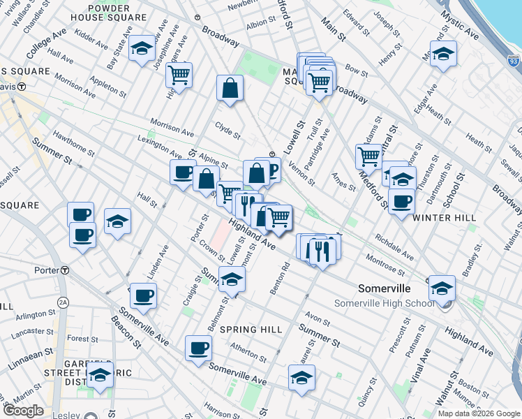 map of restaurants, bars, coffee shops, grocery stores, and more near 98 Albion Street in Somerville