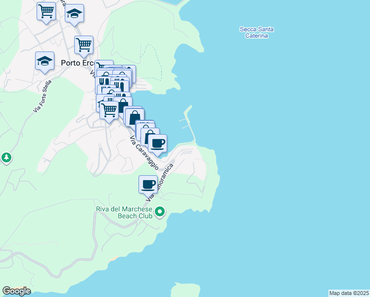map of restaurants, bars, coffee shops, grocery stores, and more near 2 Piazza San Barbara in Porto Ercole