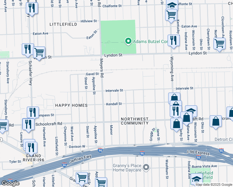map of restaurants, bars, coffee shops, grocery stores, and more near 14182 Manor in Detroit