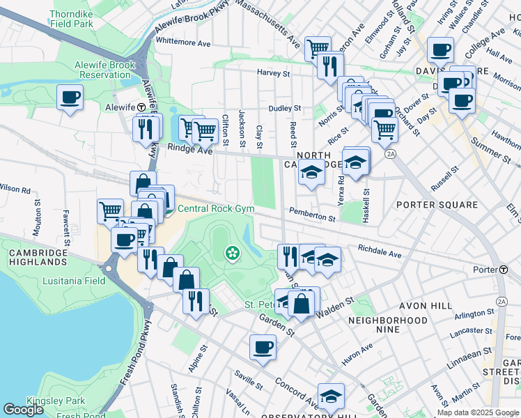 map of restaurants, bars, coffee shops, grocery stores, and more near 147 Sherman Street in Cambridge