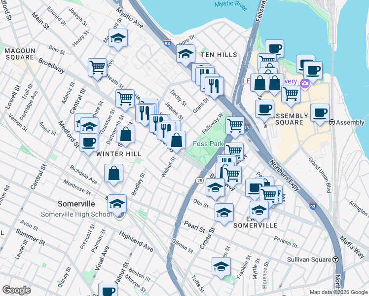 map of restaurants, bars, coffee shops, grocery stores, and more near 18 Fellsway West in Somerville