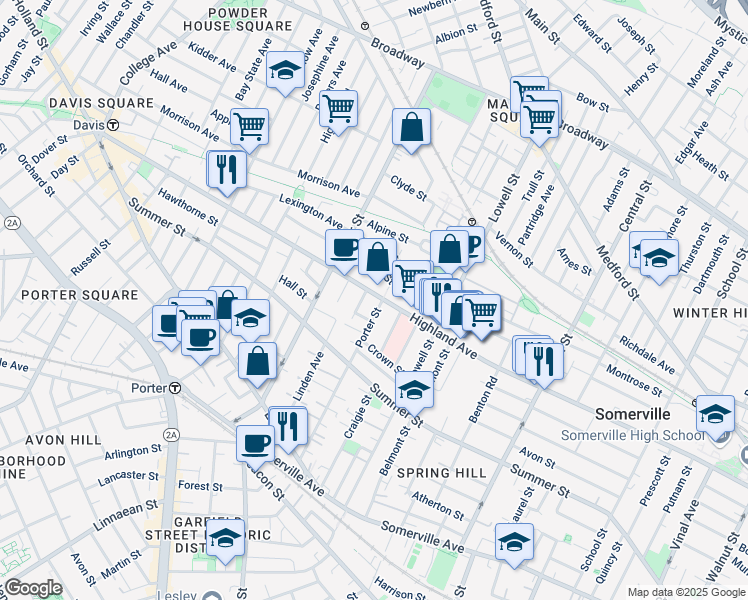 map of restaurants, bars, coffee shops, grocery stores, and more near 258 Highland Avenue in Somerville
