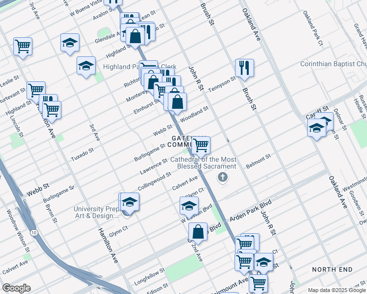 map of restaurants, bars, coffee shops, grocery stores, and more near 11531 Woodward Avenue in Detroit