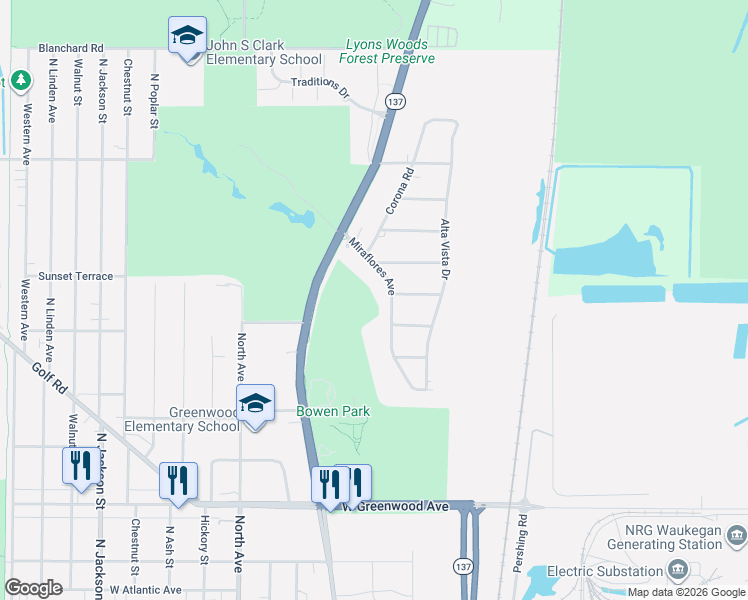 map of restaurants, bars, coffee shops, grocery stores, and more near 2126 Miraflores Avenue in Waukegan