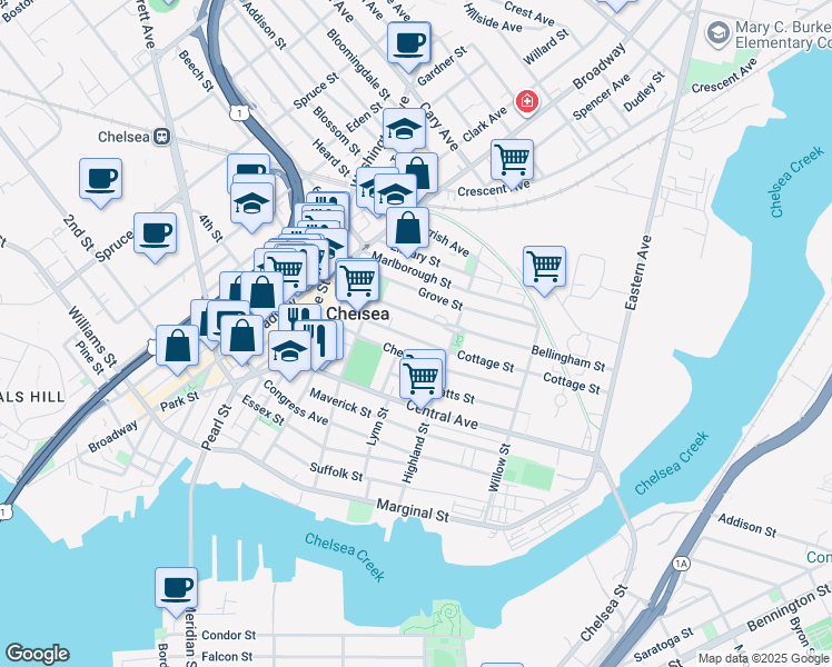 map of restaurants, bars, coffee shops, grocery stores, and more near 36 Cottage Street in Chelsea