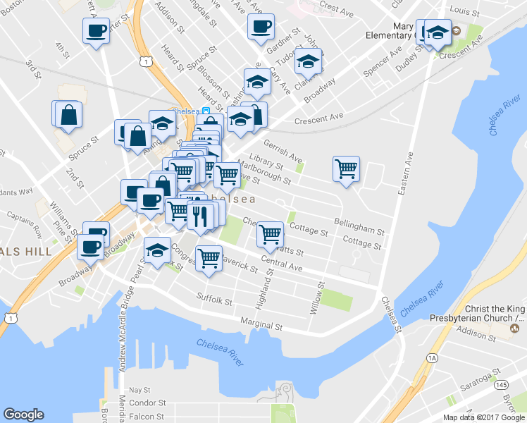 map of restaurants, bars, coffee shops, grocery stores, and more near 36 Cottage Street in Chelsea