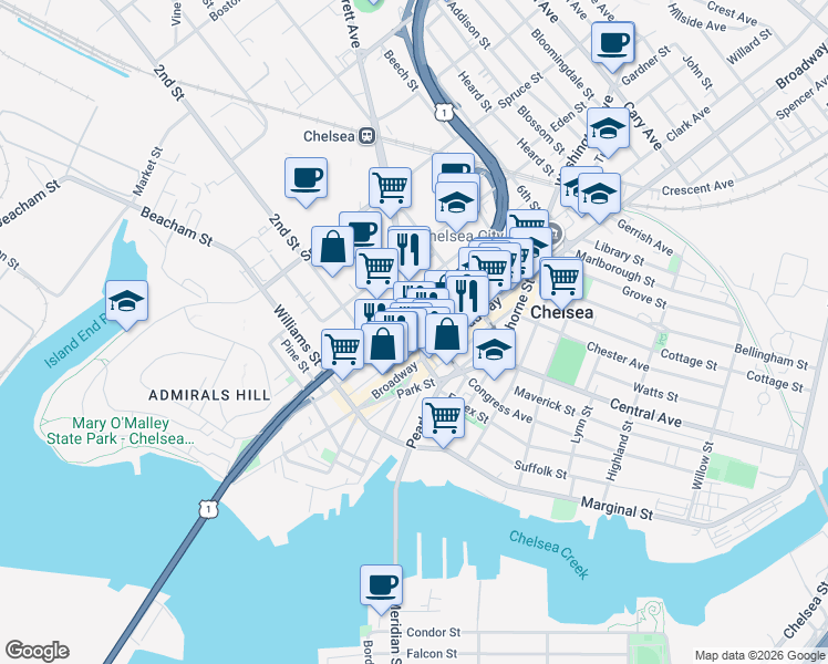 map of restaurants, bars, coffee shops, grocery stores, and more near 7 Everett Avenue in Chelsea
