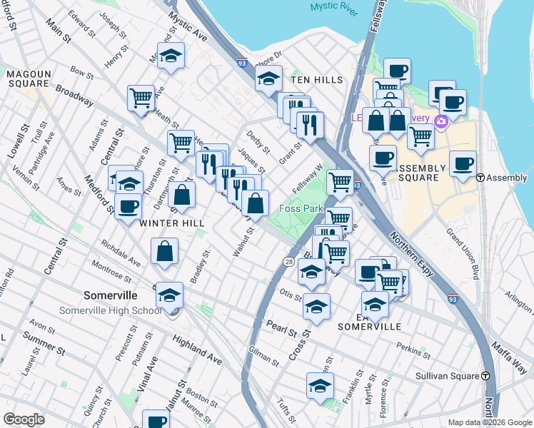 map of restaurants, bars, coffee shops, grocery stores, and more near 18 Fellsway West in Somerville