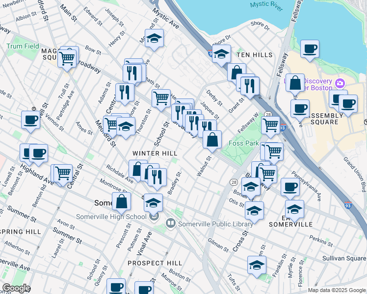 map of restaurants, bars, coffee shops, grocery stores, and more near 11 Evergreen Avenue in Somerville