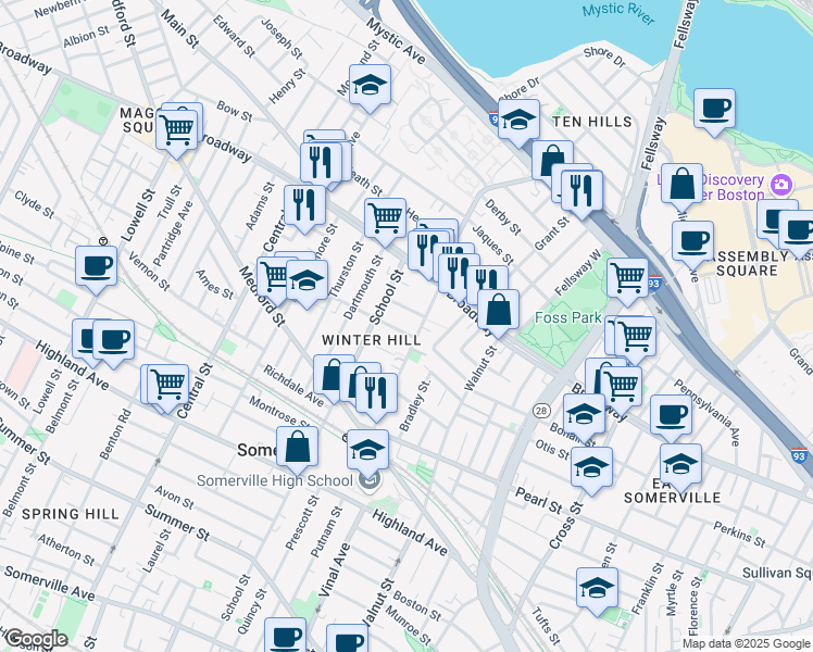 map of restaurants, bars, coffee shops, grocery stores, and more near 11 Evergreen Avenue in Somerville