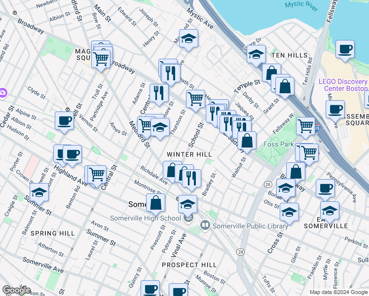 map of restaurants, bars, coffee shops, grocery stores, and more near in Somerville