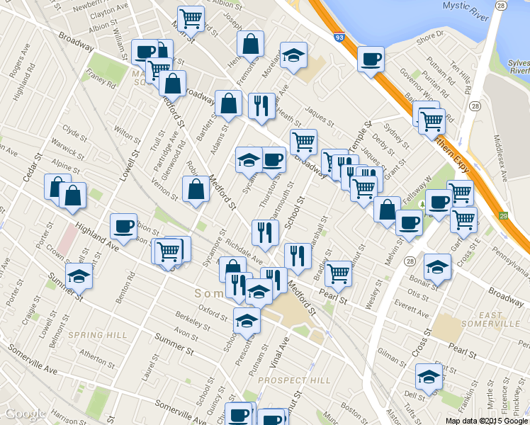 map of restaurants, bars, coffee shops, grocery stores, and more near 30 Dartmouth Street in Somerville