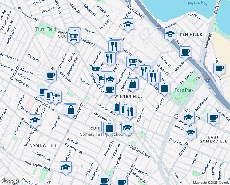 map of restaurants, bars, coffee shops, grocery stores, and more near 30 Dartmouth Street in Somerville