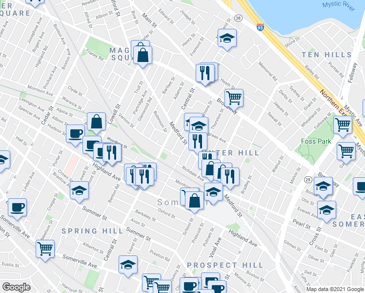 map of restaurants, bars, coffee shops, grocery stores, and more near 418 Medford Street in Somerville