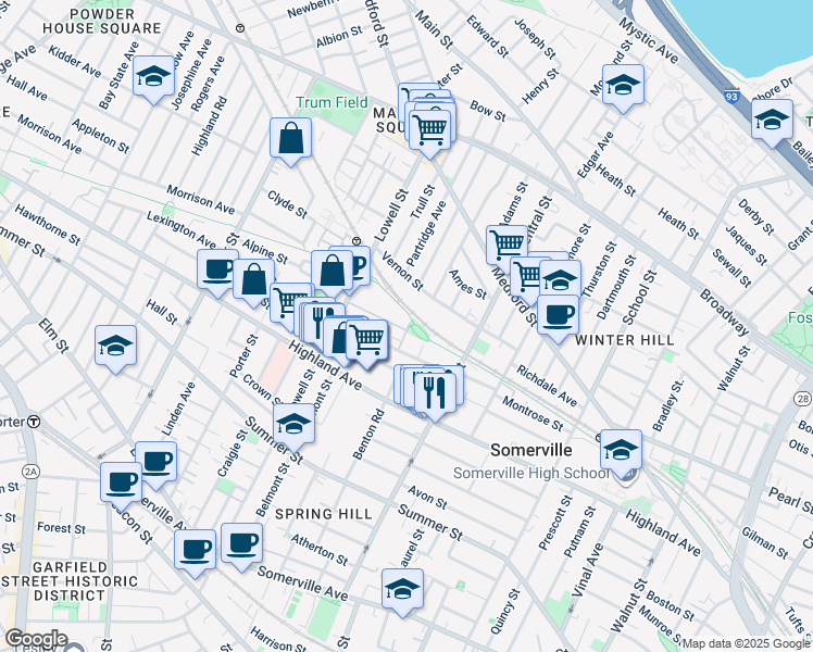 map of restaurants, bars, coffee shops, grocery stores, and more near 7 Woodbine Street in Somerville