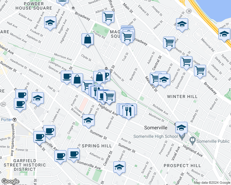 map of restaurants, bars, coffee shops, grocery stores, and more near 7 Woodbine Street in Somerville