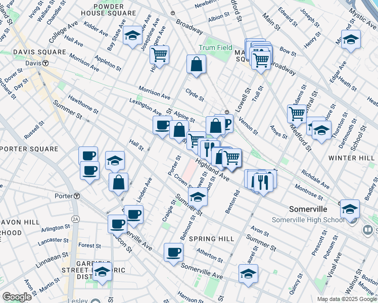 map of restaurants, bars, coffee shops, grocery stores, and more near 121 Hudson Street in Somerville