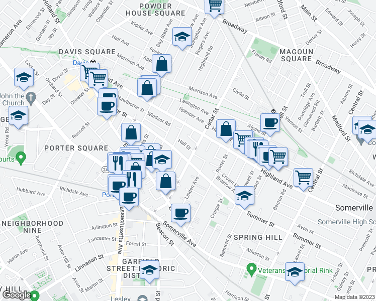 map of restaurants, bars, coffee shops, grocery stores, and more near 11 Hall Street in Somerville
