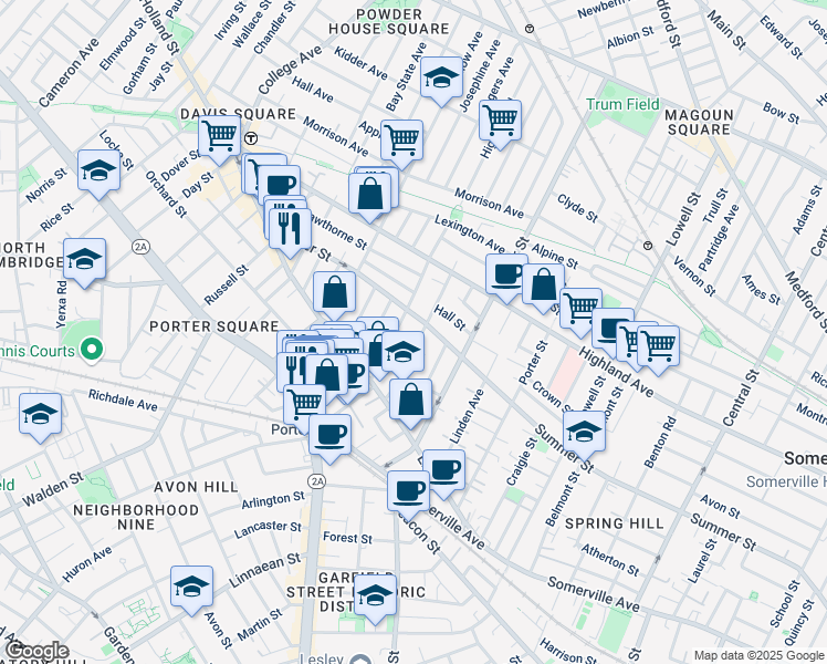 map of restaurants, bars, coffee shops, grocery stores, and more near 283 Summer Street in Somerville