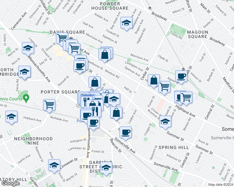 map of restaurants, bars, coffee shops, grocery stores, and more near 283 Summer Street in Somerville