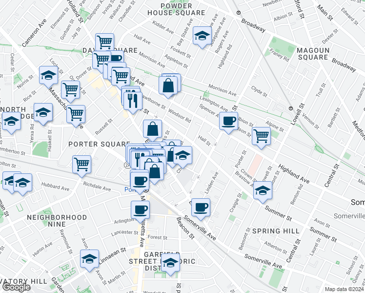 map of restaurants, bars, coffee shops, grocery stores, and more near 41 Burnside Avenue in Somerville