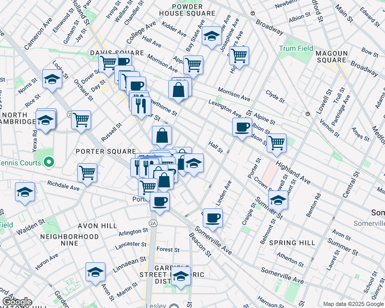 map of restaurants, bars, coffee shops, grocery stores, and more near 41 Burnside Avenue in Somerville