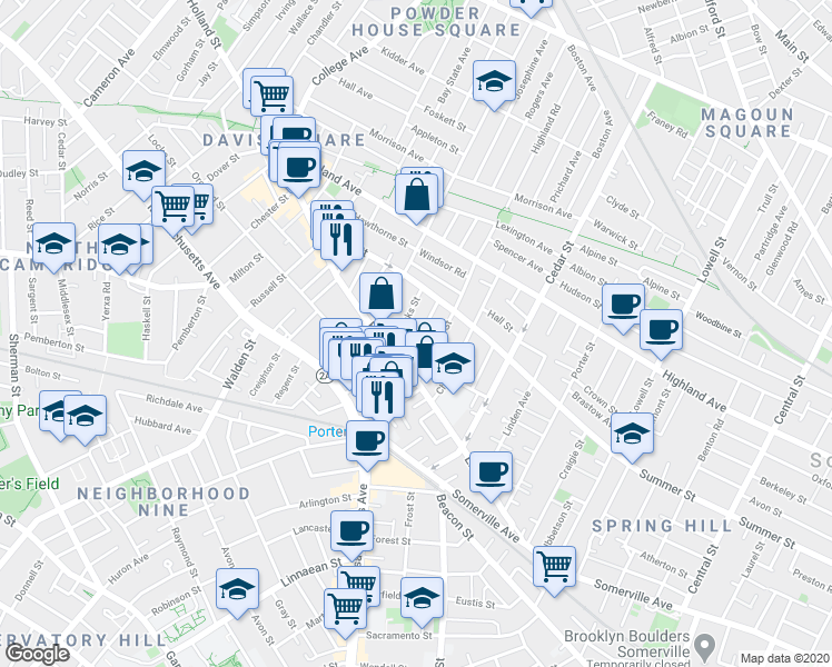 map of restaurants, bars, coffee shops, grocery stores, and more near 41 Burnside Avenue in Somerville