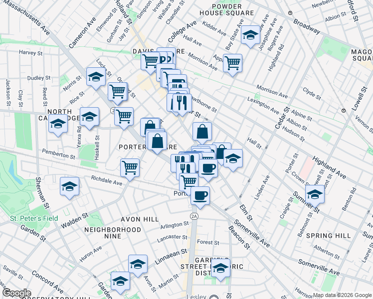 map of restaurants, bars, coffee shops, grocery stores, and more near 25 Beech Street in Cambridge