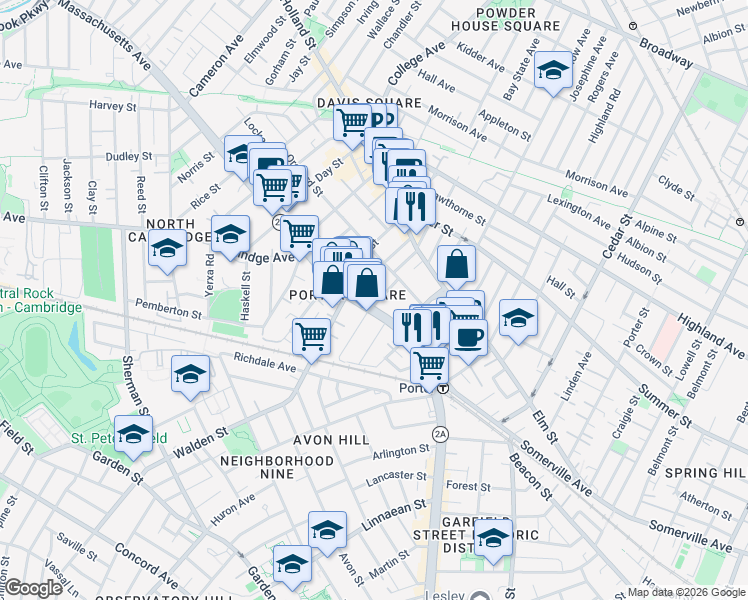 map of restaurants, bars, coffee shops, grocery stores, and more near 2055 Massachusetts Avenue in Cambridge