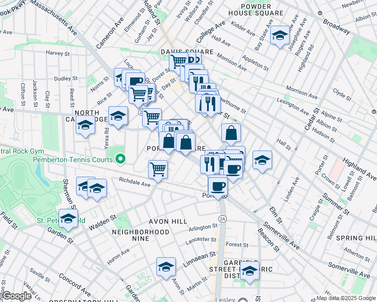 map of restaurants, bars, coffee shops, grocery stores, and more near 2055 Massachusetts Avenue in Cambridge