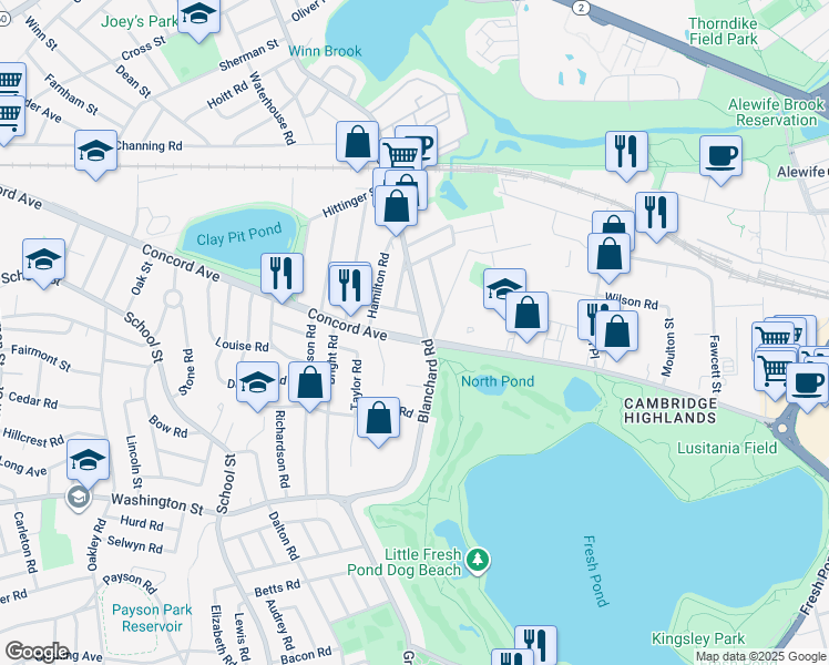 map of restaurants, bars, coffee shops, grocery stores, and more near 17-19 Griswold Street in Cambridge