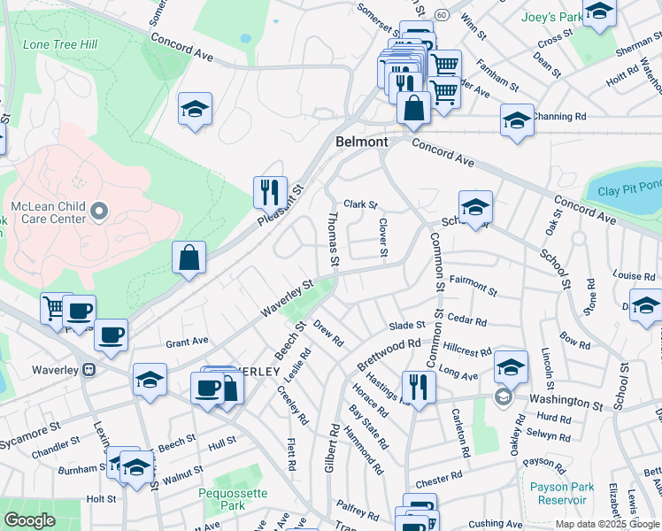 map of restaurants, bars, coffee shops, grocery stores, and more near 25 Shean Road in Belmont