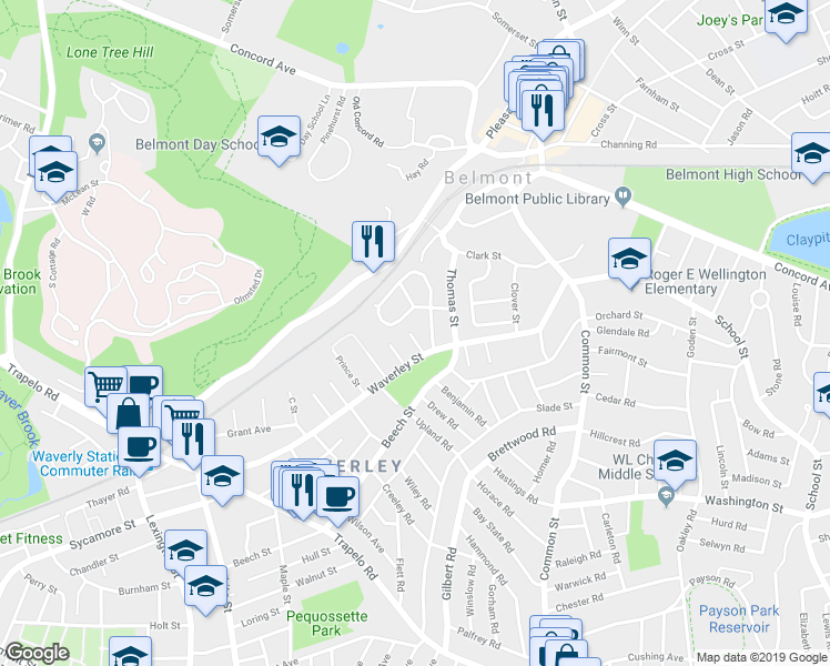 map of restaurants, bars, coffee shops, grocery stores, and more near 48 Gordon Terrace in Belmont
