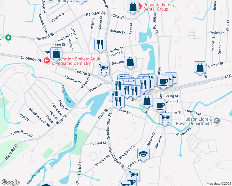 map of restaurants, bars, coffee shops, grocery stores, and more near 38387 Washington Street in Hudson