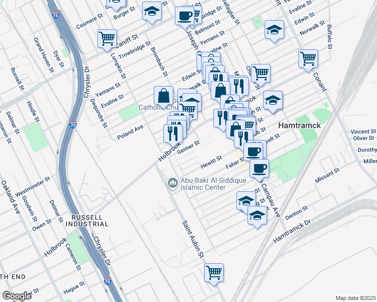 map of restaurants, bars, coffee shops, grocery stores, and more near 2284 Geimer Street in Hamtramck